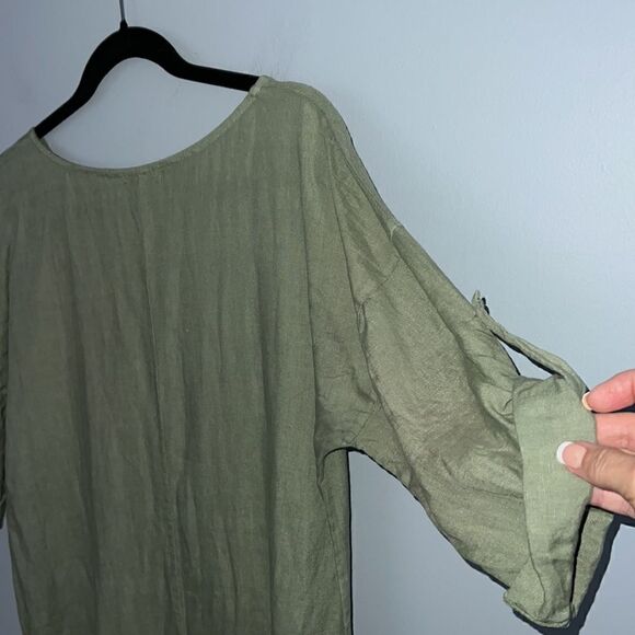 Made in Italy women size Small midi olive green  dress 100% linen Lagenlook - Picture 8 of 9